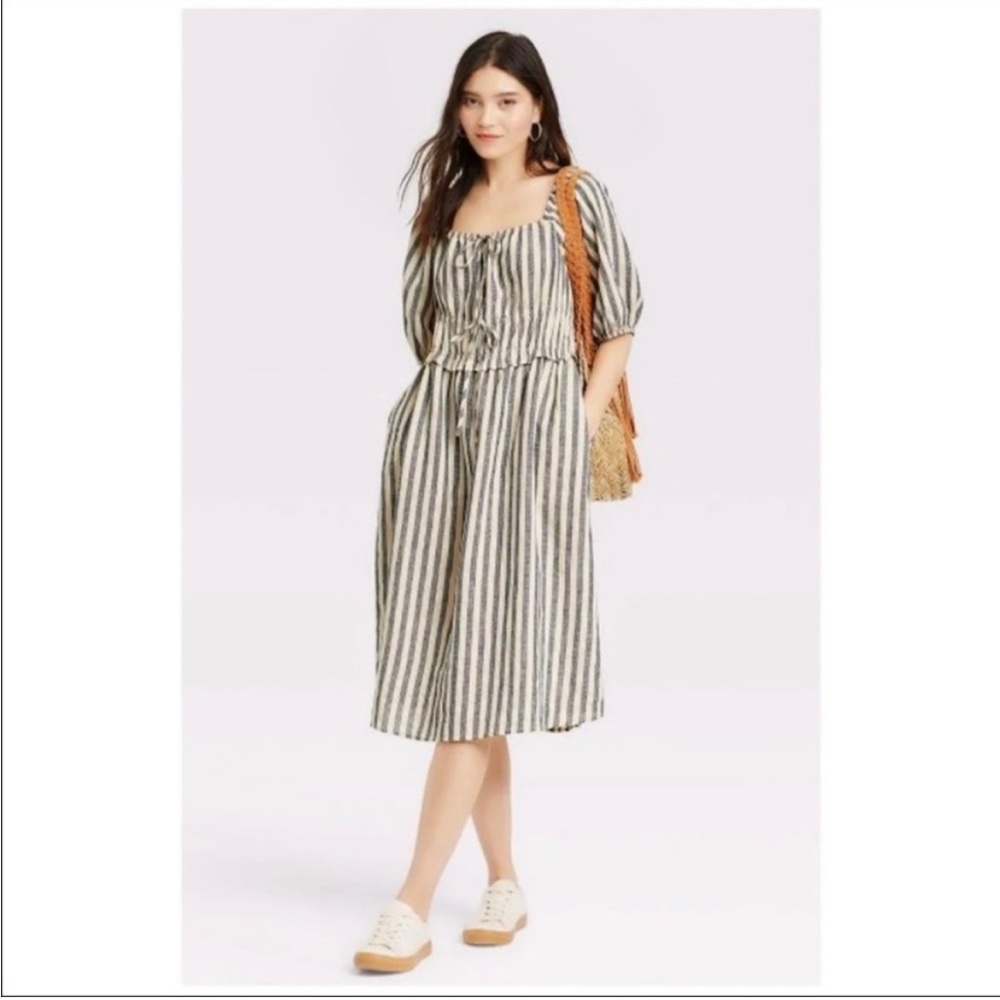 Universal Thread Cream Stripe Linen Midi Dress Small brand new